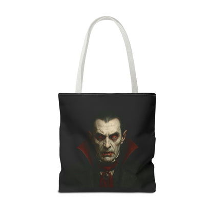 Black vampire tote bag with gothic design, featuring spooky Halloween-themed artwork from Printify, perfect for spooky season accessories.