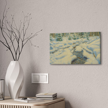Snowy forest stream winter landscape canvas wall art by Printify, showing a serene snowy forest scene with a flowing stream.