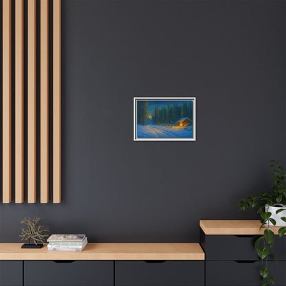 Cozy winter cabin matte framed canvas wall art featuring a snowy forest scene during evening, perfect for winter decor.