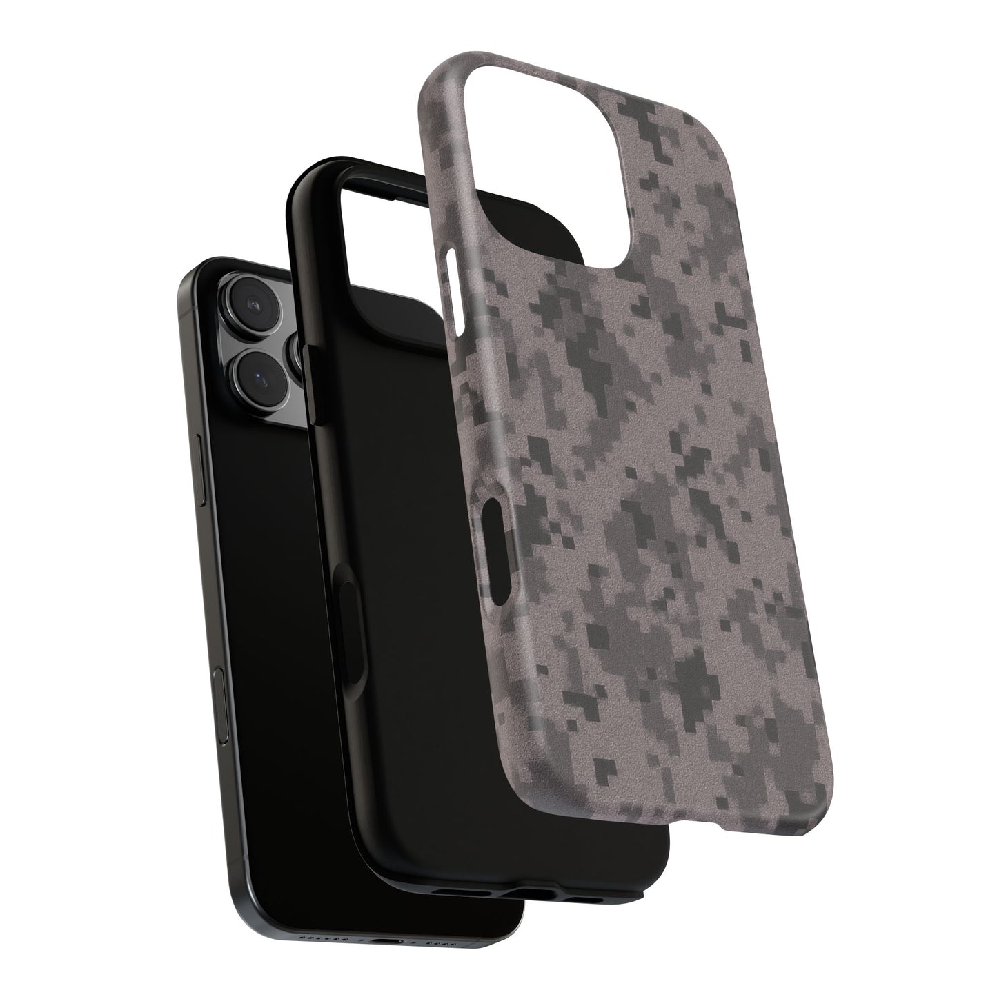 Gray digital camouflage phone case by Printify, tough protective cover with camouflage pattern for smartphones.