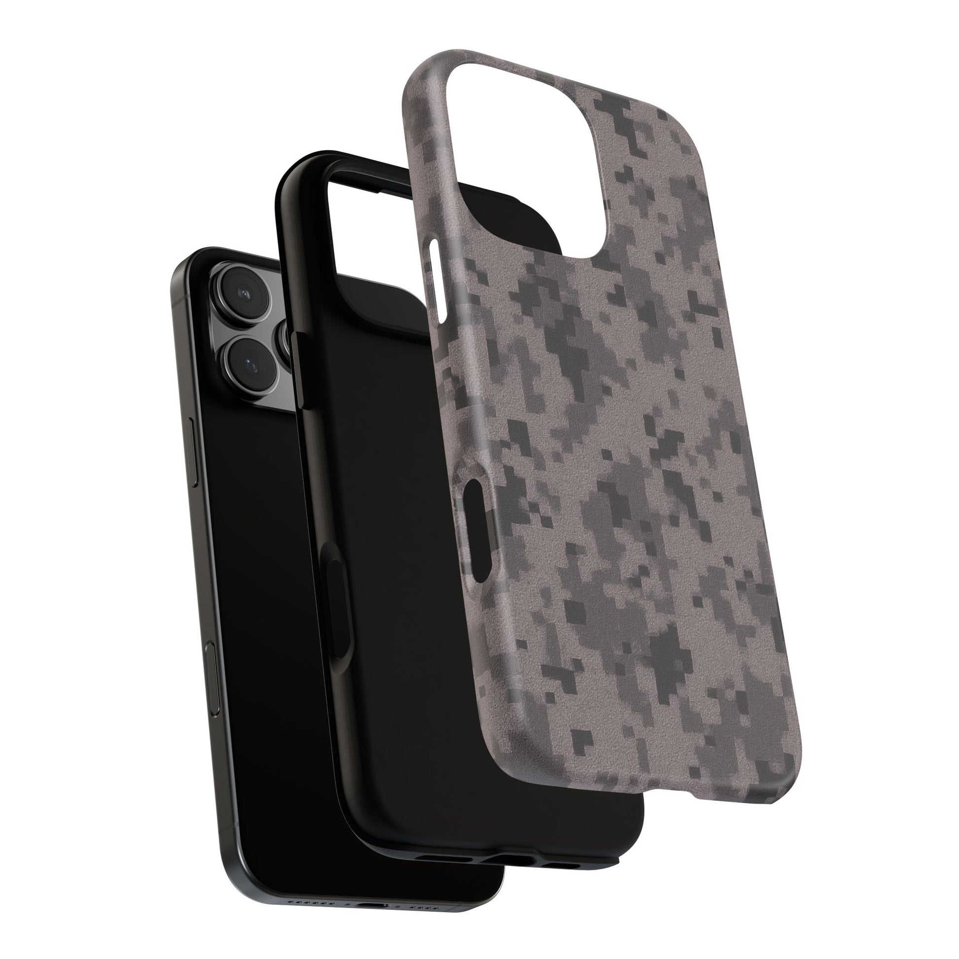 Gray digital camouflage phone case by Printify, tough protective cover with camouflage pattern for smartphones.