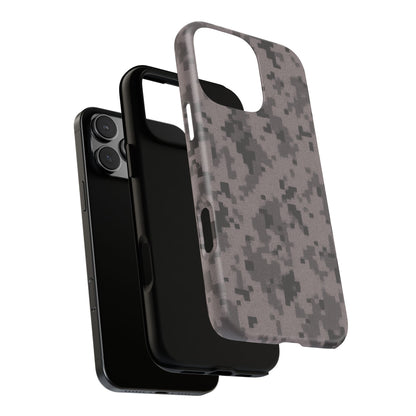 Gray digital camouflage phone case by Printify, tough protective cover with camouflage pattern for smartphones.