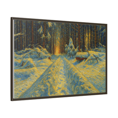 Framed matte canvas print of a snowy forest path during sunset, showcasing vibrant colors and detailed woodland scenery.