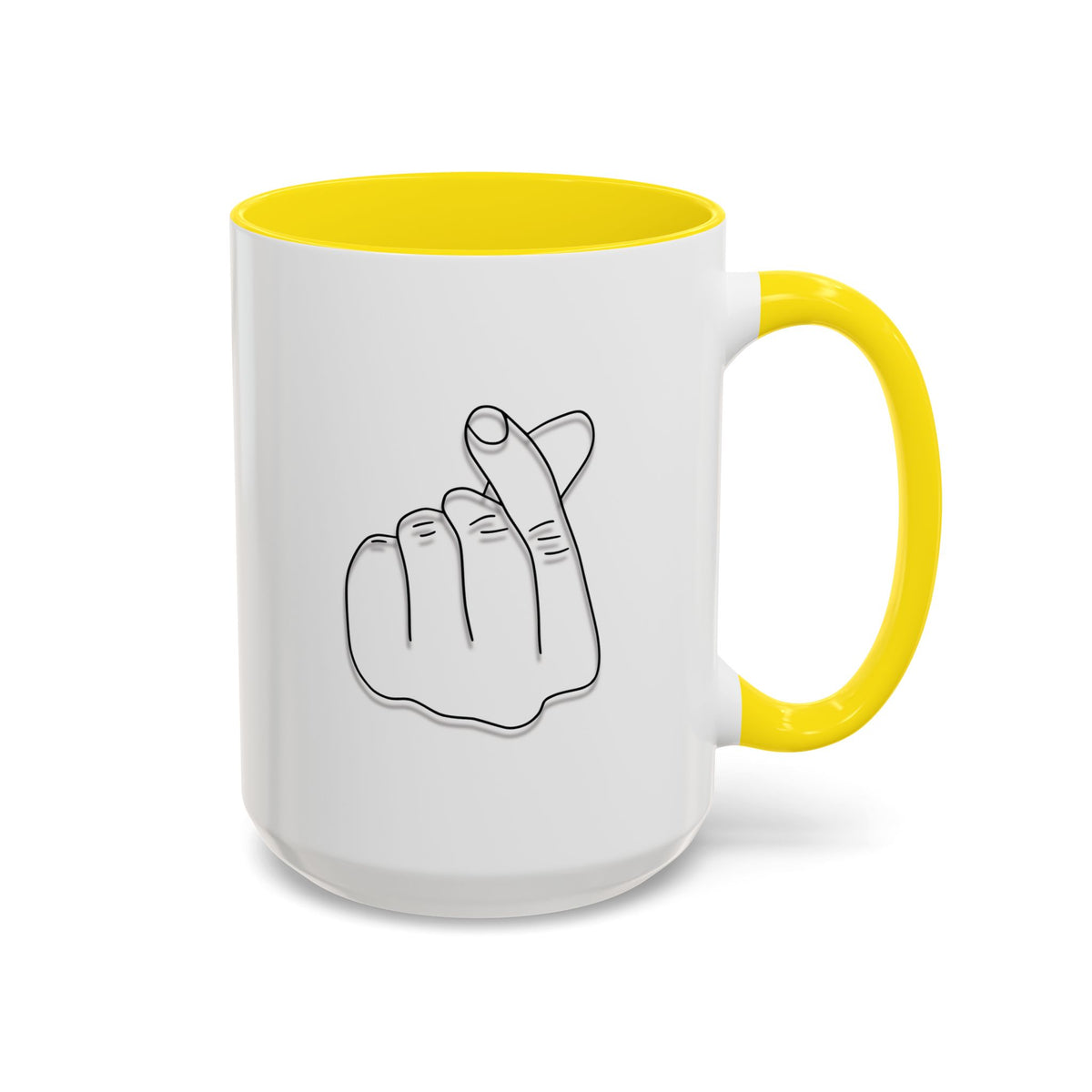 Minimal Korean finger heart accent mug by Printify, 11oz or 15oz ceramic coffee mug with simple design and clean finish.