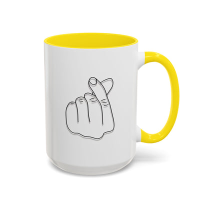 Minimal Korean finger heart accent mug by Printify, 11oz or 15oz ceramic coffee mug with simple design and clean finish.