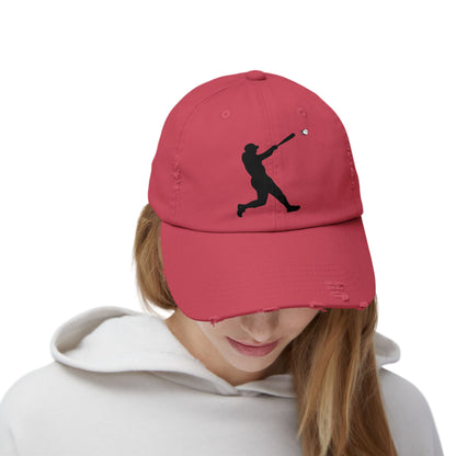 Distressed baseball cap with silhouette batter design, casual hat by Printify, featuring a worn, vintage style and adjustable strap.