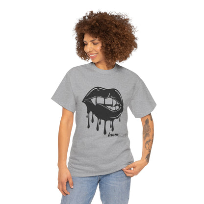 Graphic T-shirt by Printify featuring a dripping lips design with the word "hmm..." in a bold, artistic bite style.