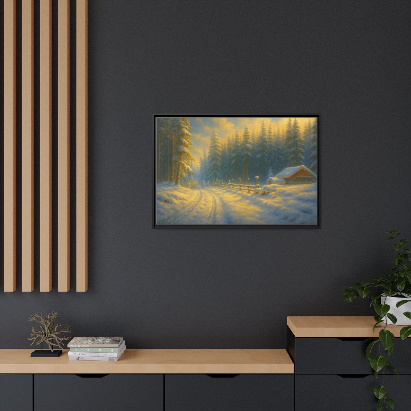 Framed winter cabin canvas print featuring a snowy forest sunset, wall art by Printify showcasing cozy woodland scenery.