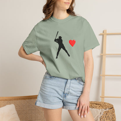 Printify baseball batter heart T-shirt featuring a graphic of a batter swinging a bat with a heart design on the front.