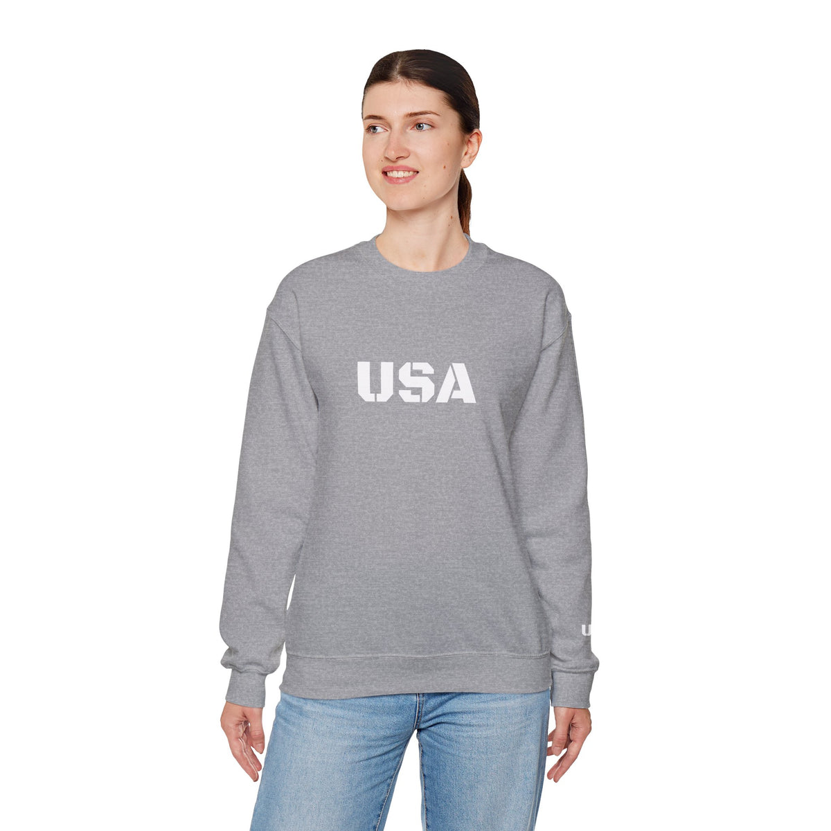 Printify USA crewneck sweatshirt featuring patriotic design, cozy fit, perfect for all seasons, casual and comfortable apparel.
