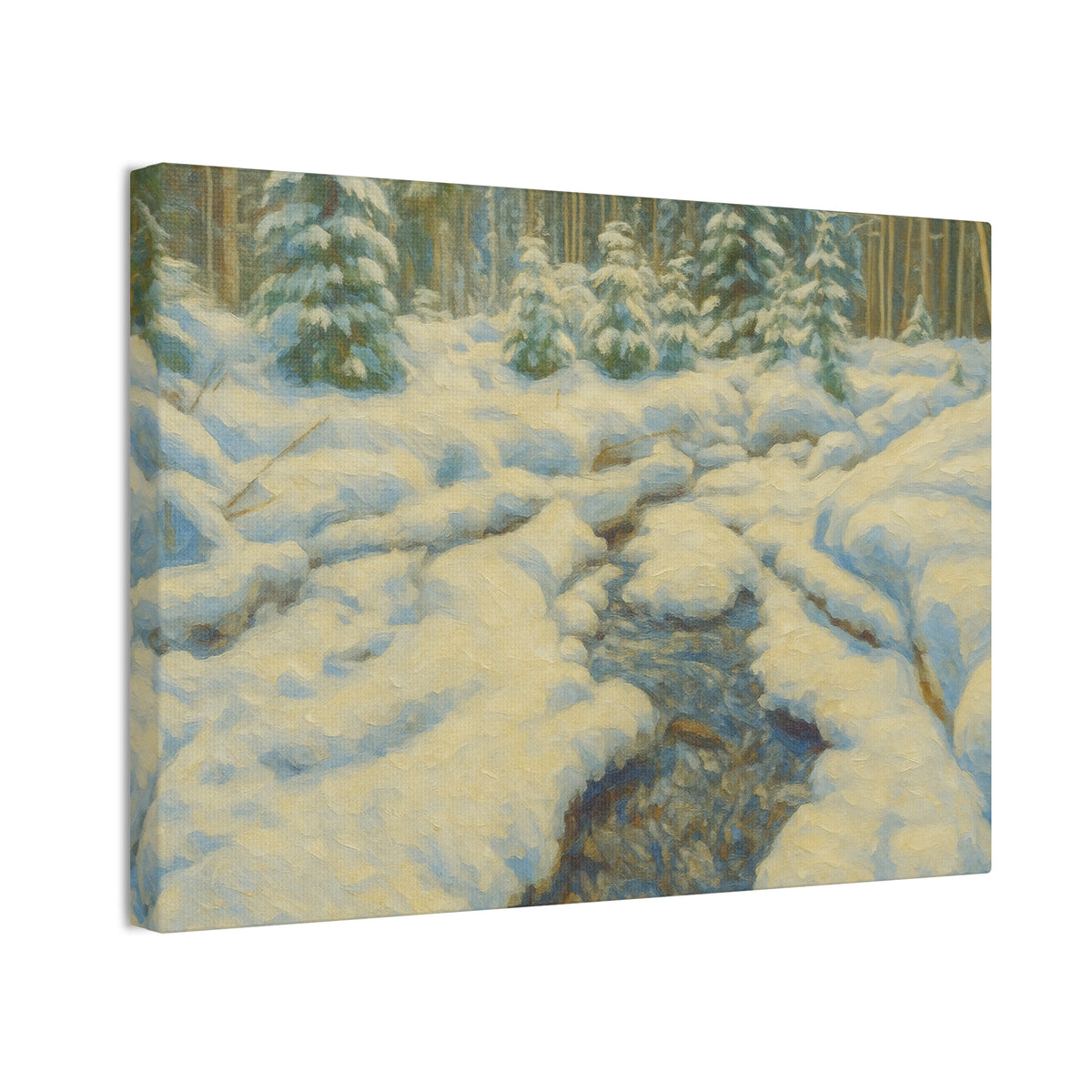 Winter landscape canvas wall art featuring a snowy forest and stream, printed by Printify, showcasing a peaceful winter scene.