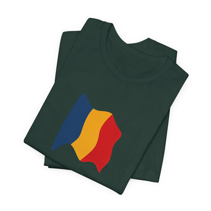 Romania flag T-shirt by Printify featuring a minimal waving tricolor design on comfortable fabric.