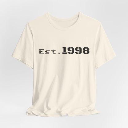 Vintage Est. 1998 T-Shirt by Printify featuring a graphic design celebrating the year of birth.