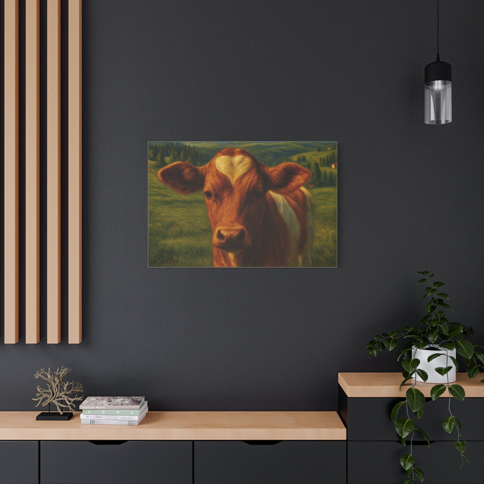 Close-up of a cow portrait canvas print featuring a farm cow with a heart-shaped marking on its forehead, wall art by Printify.