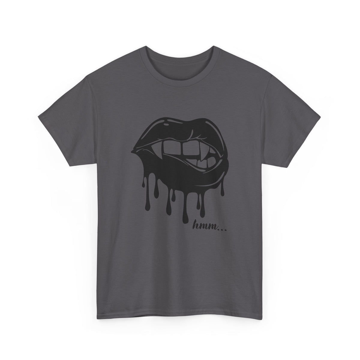 Black graphic T-shirt by Printify featuring dripping lips with a "hmm..." bite design on the front.