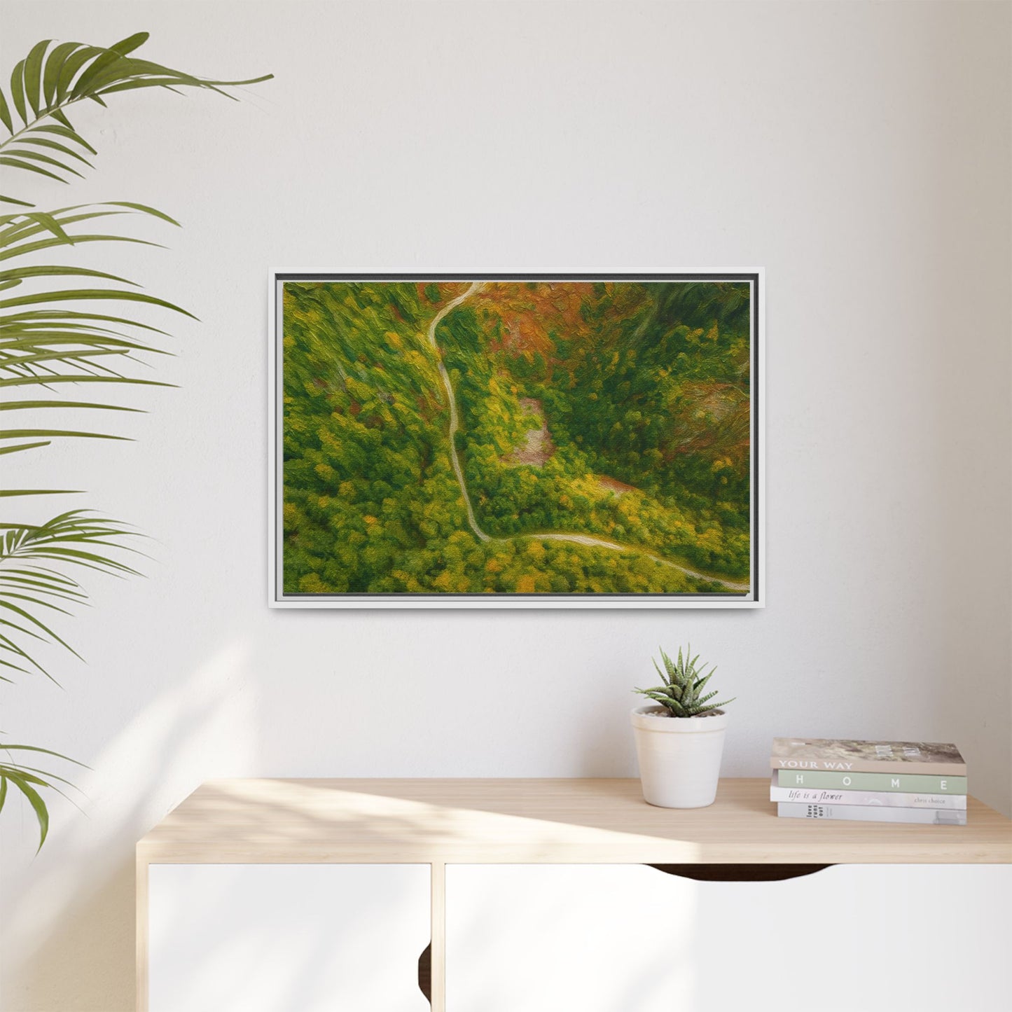 Framed matte canvas wall art featuring a colorful aerial forest path landscape by Printify