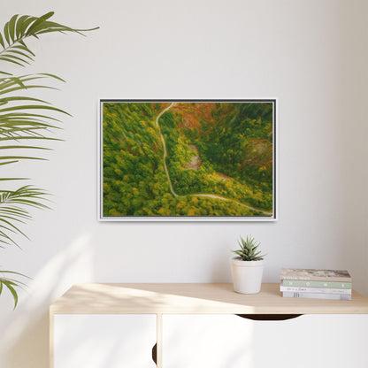 Framed matte canvas wall art featuring a colorful aerial forest path landscape by Printify