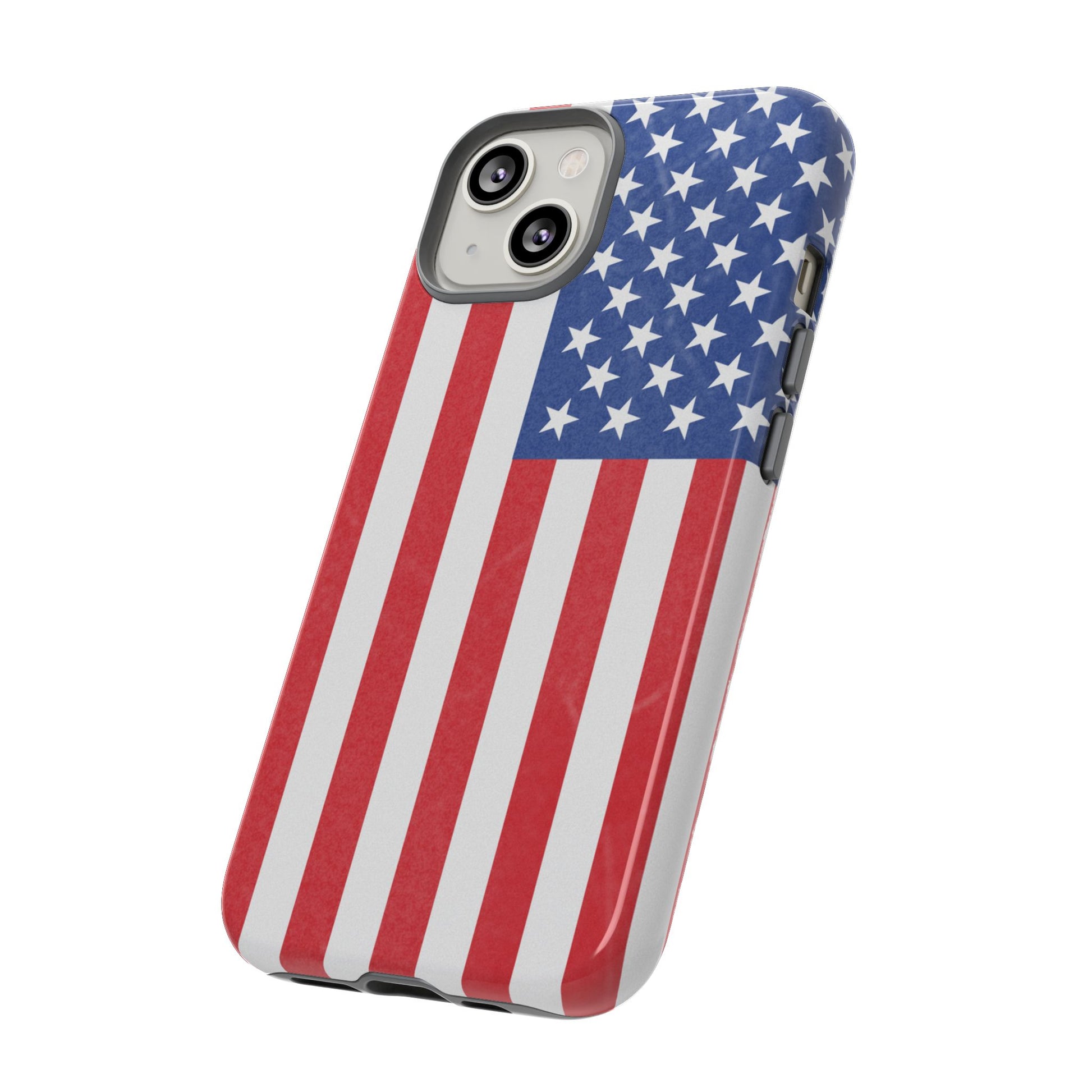 Durable American flag phone case for iPhone, featuring patriotic design and tough protective material, by Printify.