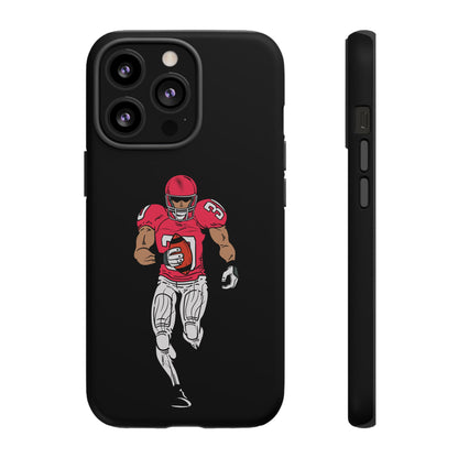 Black football player tough phone case for iPhone, protective sports-themed case with athlete graphic by Printify.