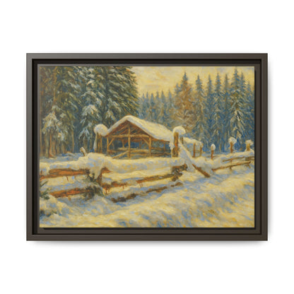 Snowy cabin winter landscape canvas wall art by Printify, featuring a matte framed painting of a cozy snowy cabin scene.