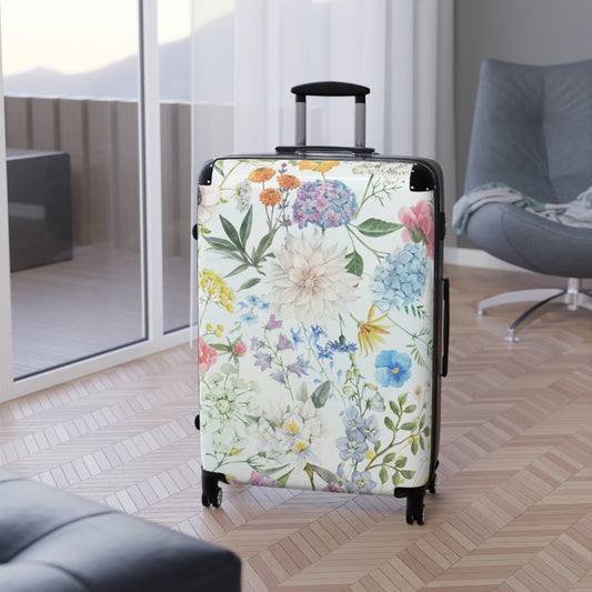 Lightweight floral watercolor suitcase with pastel garden print, carry-on luggage from Printify, featuring a colorful floral design.