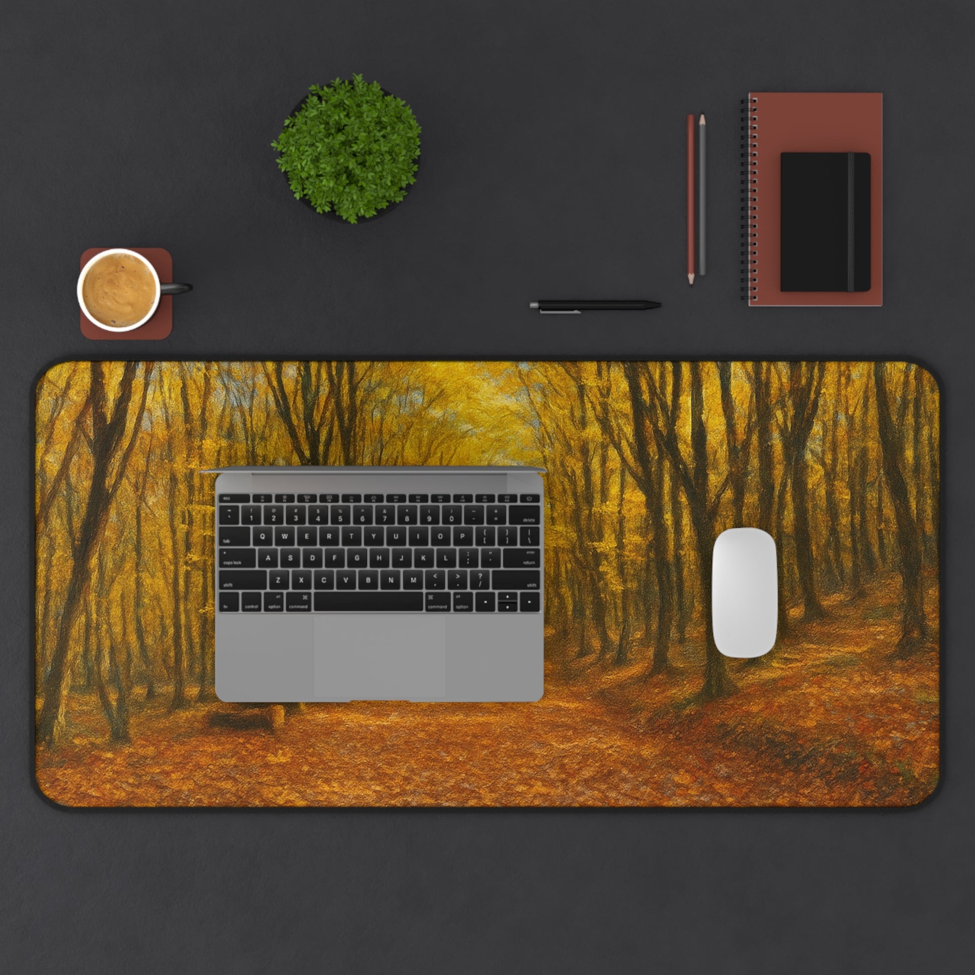 Autumn forest path desk mat with fall leaves and scenic woodland design, Printify mousepad for computer desks