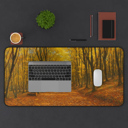 Autumn forest path desk mat with fall leaves and scenic woodland design, Printify mousepad for computer desks