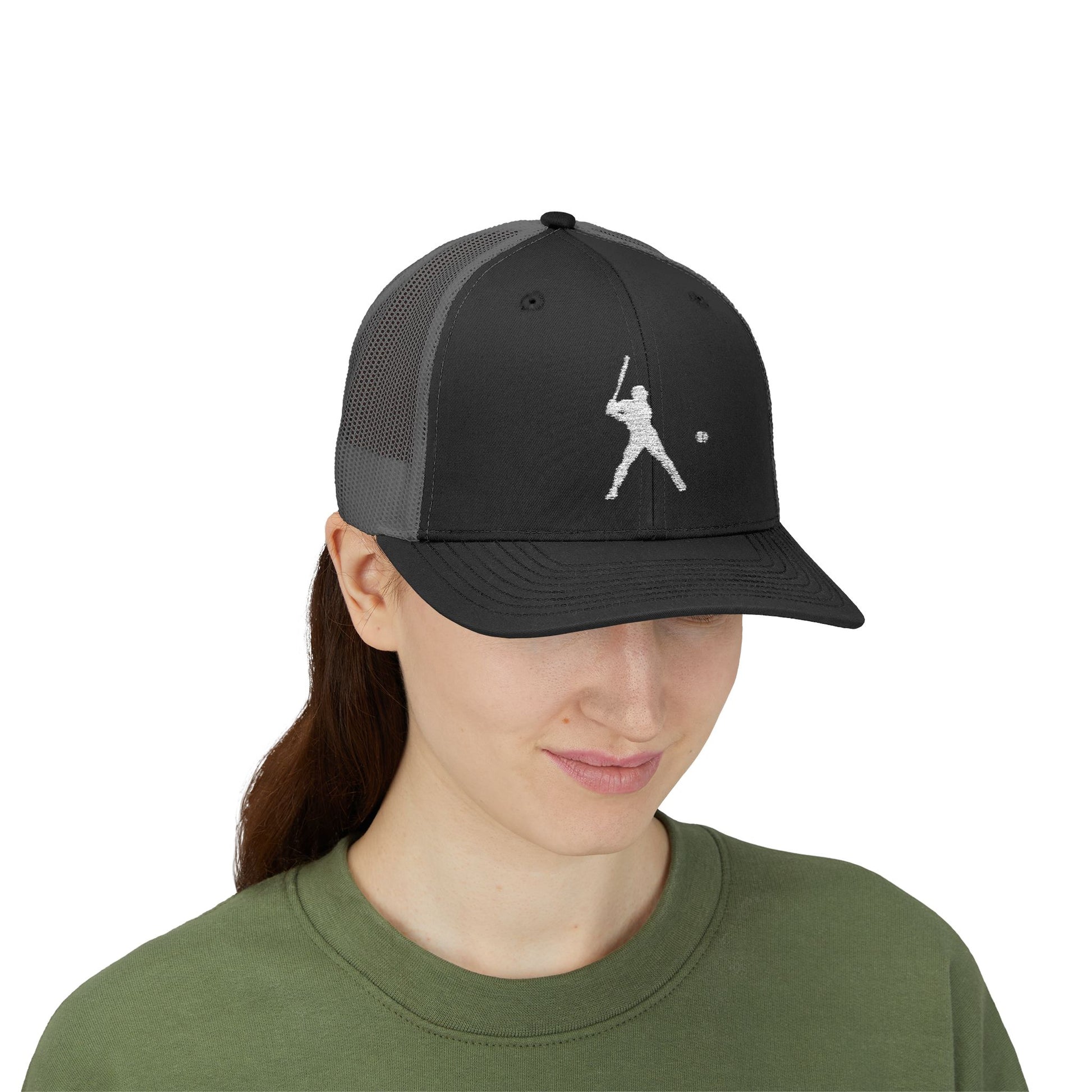 Vintage baseball snapback trucker cap with batter silhouette design, made by Printify, featuring a classic structured hat style.