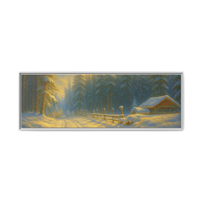 Framed winter cabin canvas print featuring a snowy forest sunset scene, wall art by Printify for cozy interior decor.