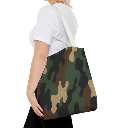Camo pattern tote bag by Printify, all-over printed canvas carryall with camouflage design and sturdy handles.