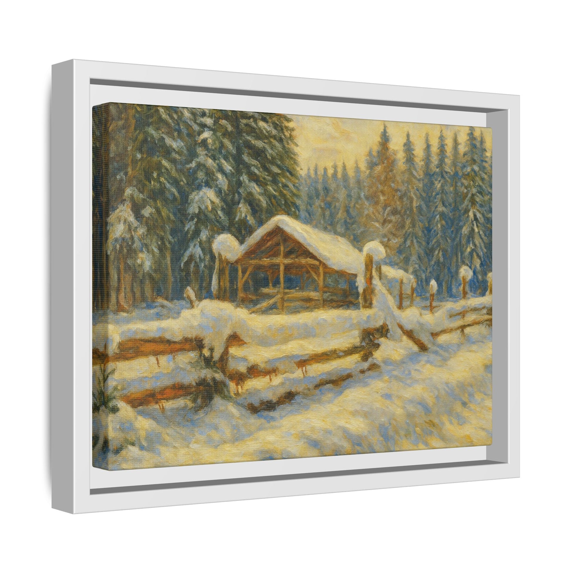 Snowy cabin winter landscape canvas wall art by Printify, featuring a cozy snowy scene with a framed matte finish.