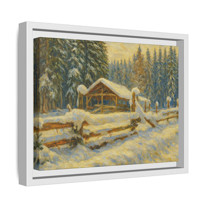 Snowy cabin winter landscape canvas wall art by Printify, featuring a cozy snowy scene with a framed matte finish.