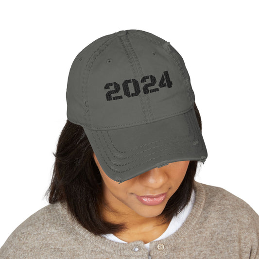 Distressed embroidered dad hat in 2024 style, featuring a casual, worn look and detailed embroidery, from Printify.