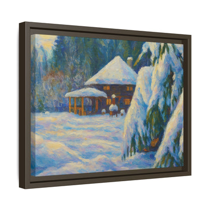 Framed matte canvas wall art of a snowy cabin winter landscape, featuring a cozy cabin scene with snow-covered trees.