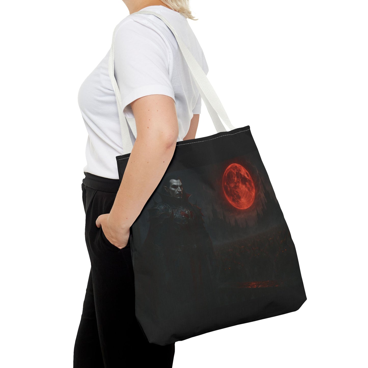 Gothic Dracula tote bag featuring moonlit vampire art, perfect Halloween gift, by Printify, with a detailed vampire design on black fabric.