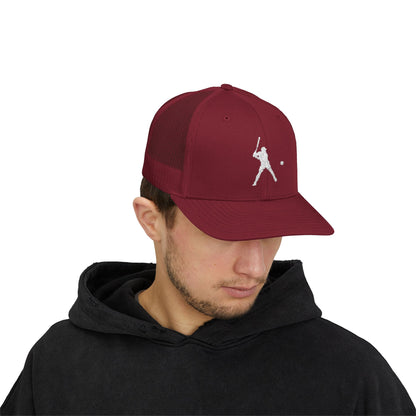 Vintage batter silhouette print on a stylish baseball snapback trucker hat, featuring a classic curved brim and adjustable snap closure.