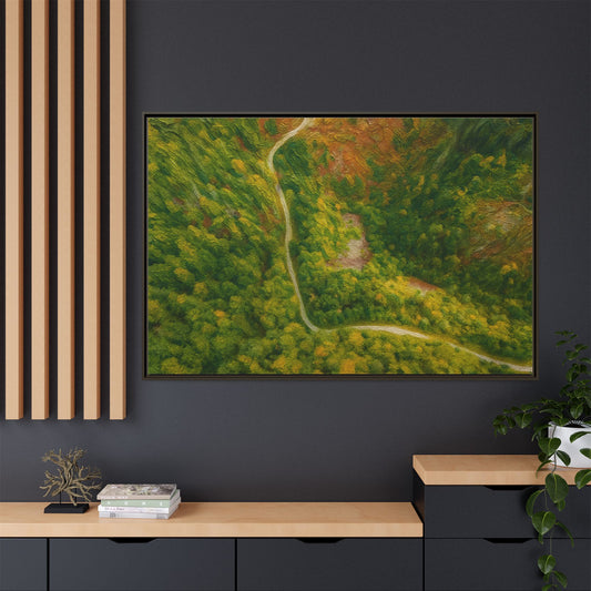 Colorful framed matte canvas wall art featuring an aerial forest path landscape by Printify.