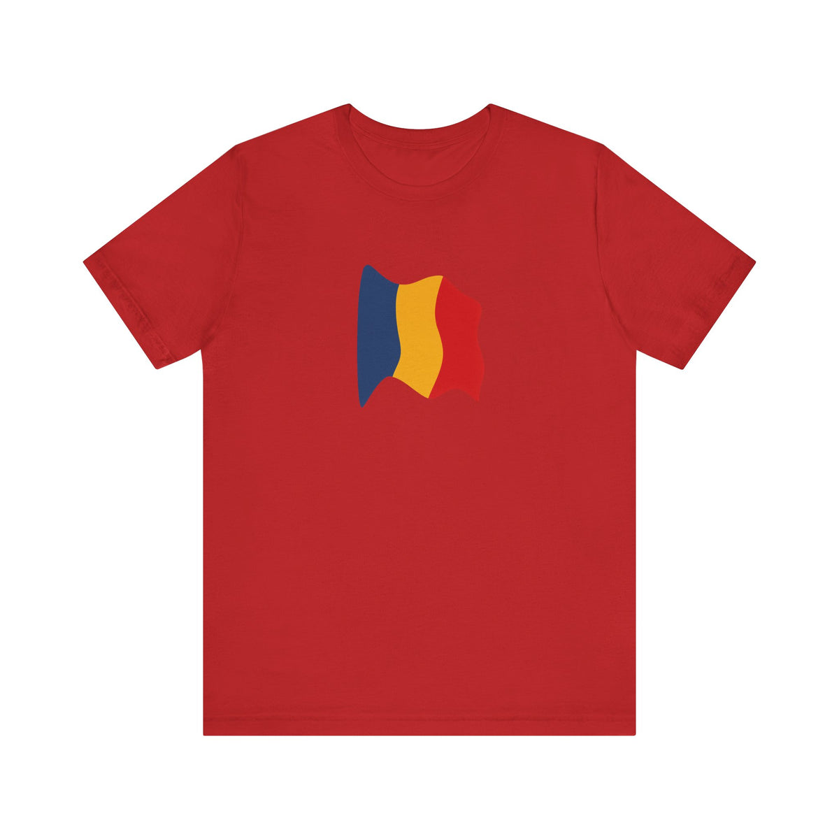 Romania flag T-shirt by Printify featuring a minimal waving tricolor design on a comfortable casual tee.
