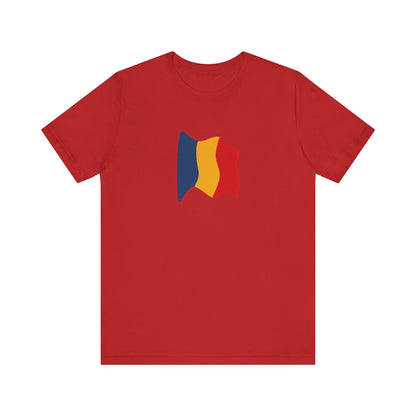 Romania flag T-shirt by Printify featuring a minimal waving tricolor design on a comfortable casual tee.