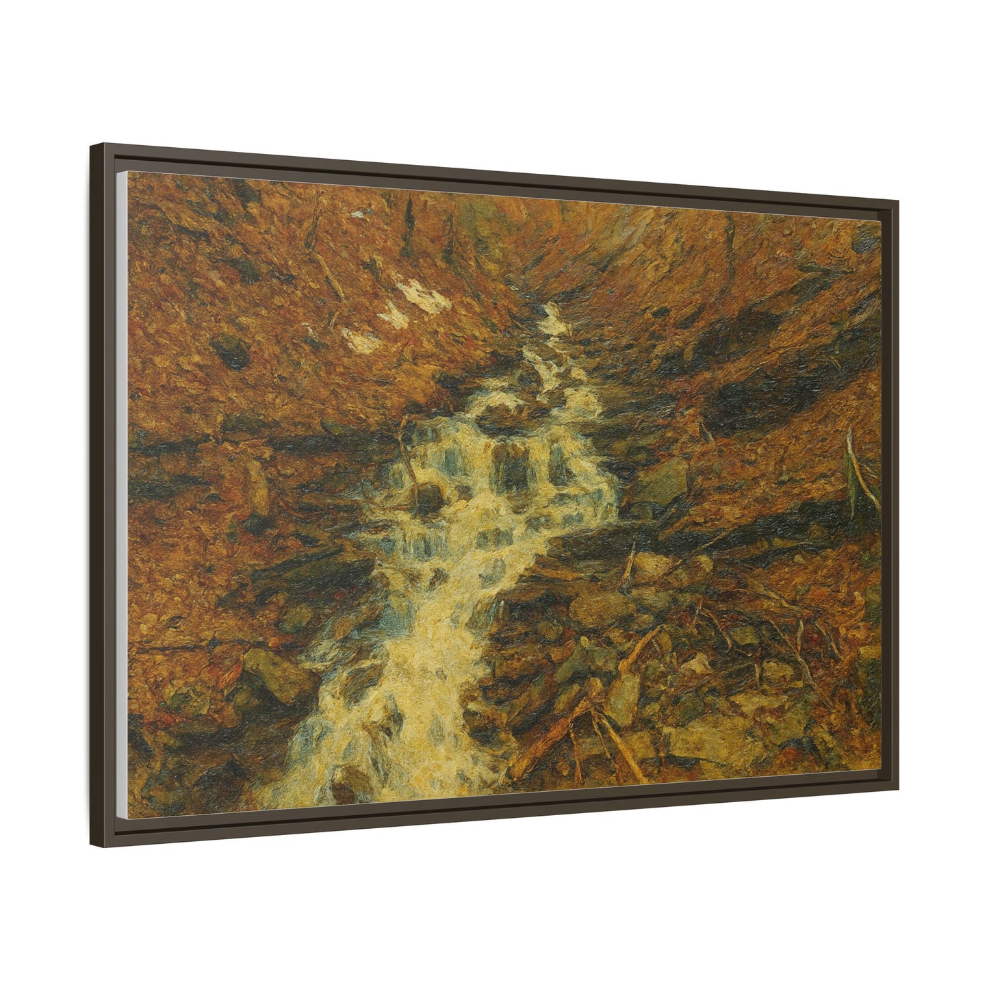 Framed matte canvas print of autumn stream landscape artwork by Printify, featuring colorful trees and flowing water.