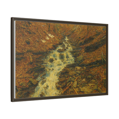Framed matte canvas print of autumn stream landscape artwork by Printify, featuring colorful trees and flowing water.