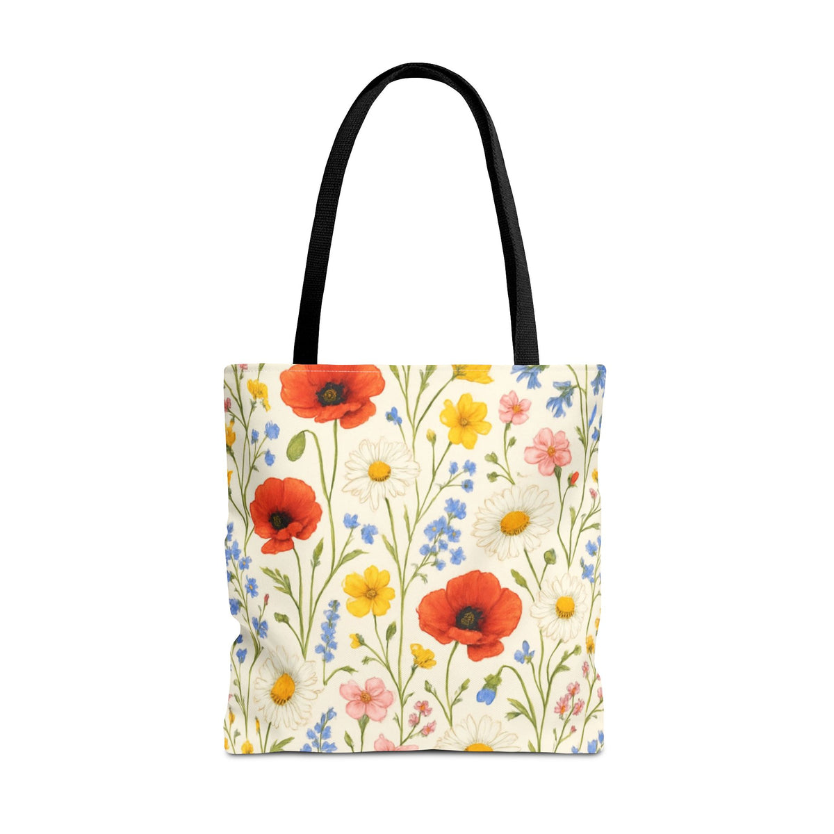 Wildflower Poppy print tote bag by Printify featuring a floral all-over pattern, made of durable fabric with sturdy handles.