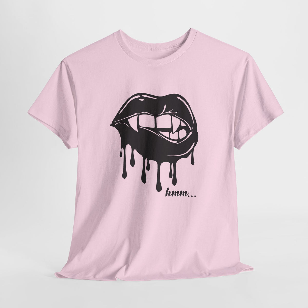 Black graphic T-shirt by Printify featuring dripping lips with 'hmm...' bite design on the front.