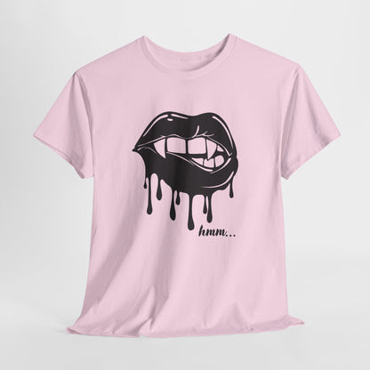 Black graphic T-shirt by Printify featuring dripping lips with 'hmm...' bite design on the front.