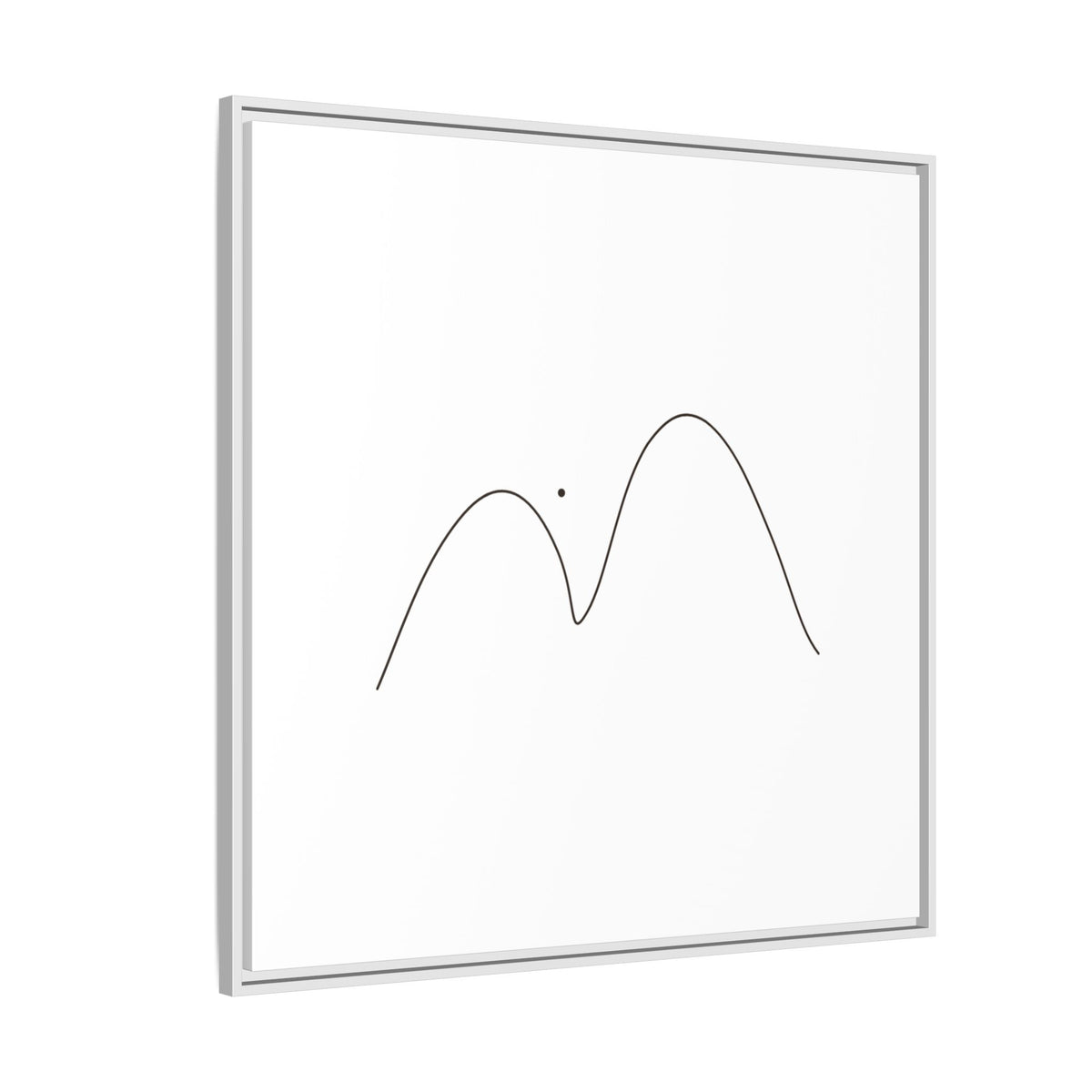 Minimalist mountain line art printed on framed matte canvas by Printify, showcasing a simple mountain landscape design.