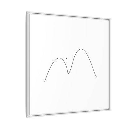 Minimalist mountain line art printed on framed matte canvas by Printify, showcasing a simple mountain landscape design.