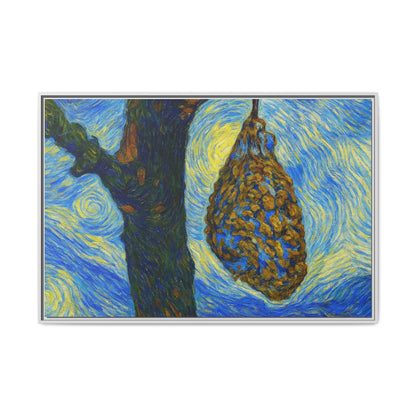 Framed matte canvas art of a starry nut cluster with dried plum in tree, by Printify, showcasing detailed nature-inspired artwork.