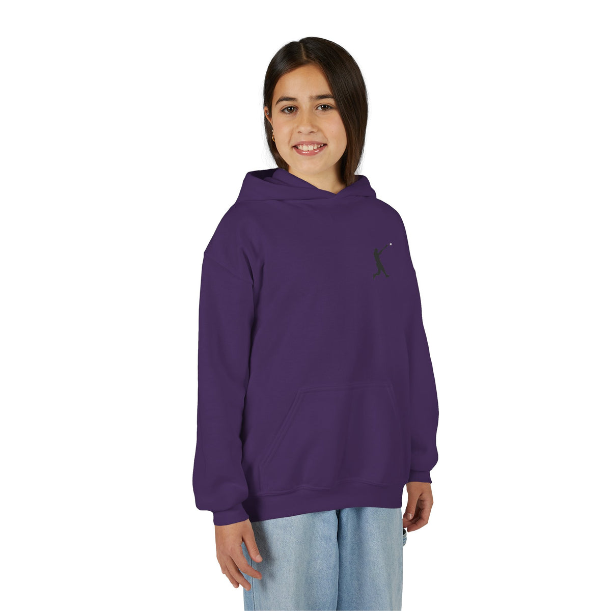 Youth baseball silhouette hoodie for kids, featuring a sports-themed pullover with a baseball player design by Printify.
