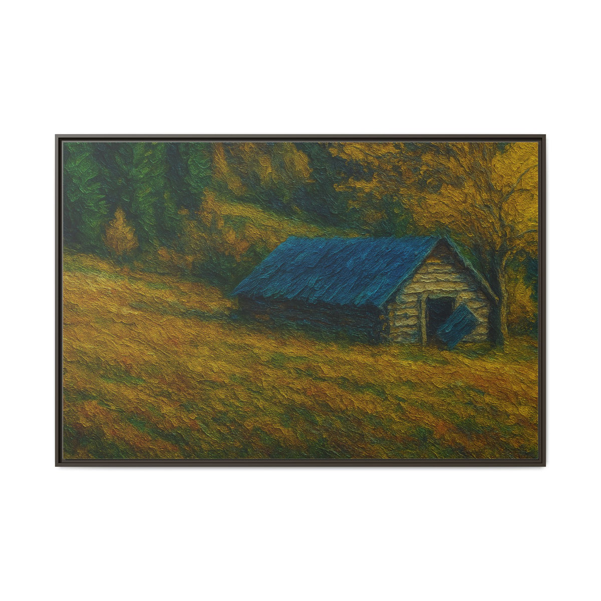 Framed matte canvas wall art featuring an autumn barn landscape scene, perfect for rustic home decor.