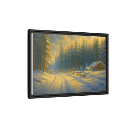 Framed winter cabin canvas print featuring a snowy forest sunset, wall art by Printify showcasing a cozy winter scene.